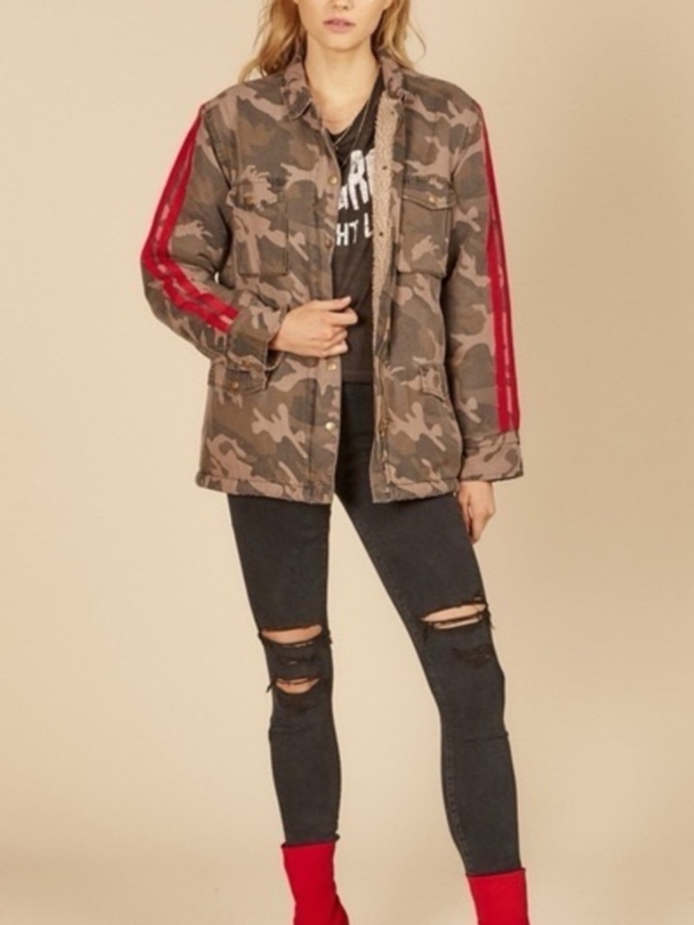Camo Sherpa-Lined Utility Jacket with Red Stripes
